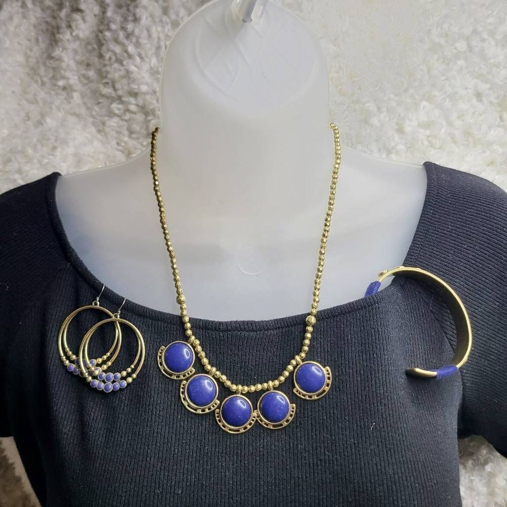 Lucky Brand Gold and Blue Coordinating 3pc‎ Set of Jewelry Necklace Earrings and